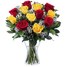 12 Yellow and Red Roses Delivery to France