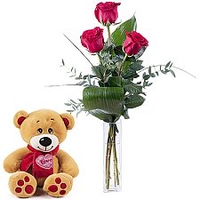 Teddy & 3 Red Roses Delivery to Spain