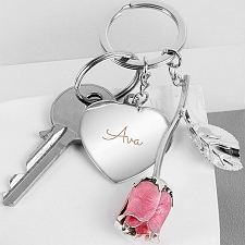 Personalised Silver Plated Name Pink Rose Keyring Delivery UK