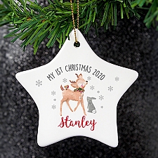 Personalised 1st Christmas Festive Fawn Ceramic Star Decoration Delivery UK