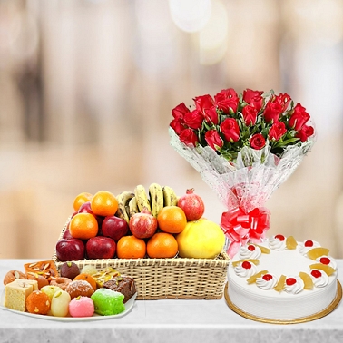 24 Red Roses, 2Lb Cake, 2KG Mithai and Fruit