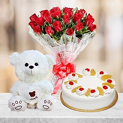 2LB Cake with Red Roses and Teddy Bear