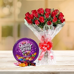 Bunch of 24 Red Roses and Quality Street Chocolate 240grams