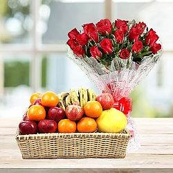 Bunch Of Red Roses and Fruit Basket