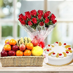 Bunch Of Red Roses with 2Lb Cake and Fruits