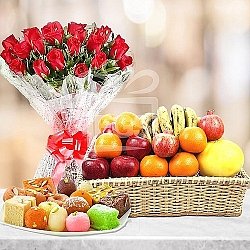 Seasonal Fruits with Mithai and Roses