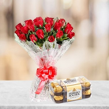 Bunch Of Red Roses - Box of Ferrero Rocher