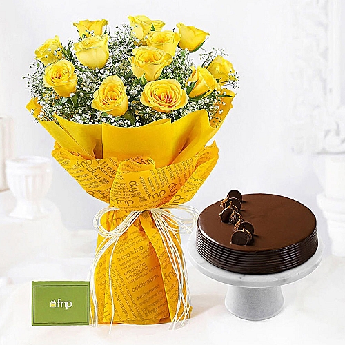 Sunshine Roses Bouquet and Truffle Cake