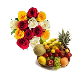 3 Kg Fresh Fruits Basket with 15 Mix Roses delivery to India