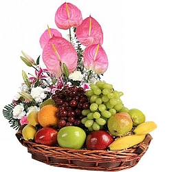 4kg Mix Fruits Basket With Flowers delivery to India