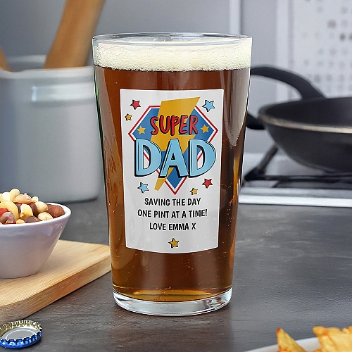 Personalised Super Dad Printed Beer Glass
