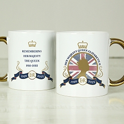 Personalised Queens Commemorative Union Jack Gold Handle Mug
